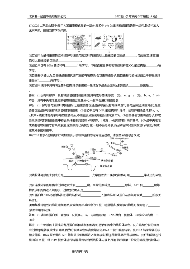 《专题资料包_2022版教学资源包_五年高考三年模拟_2022版新高考版选考总复习生物5·3A版_0125143739_专题2细胞的结构与功能_专题资料包_专题检测_专题资料包》第6页预览