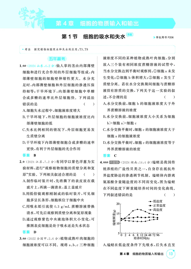 《1_精练册PDF-第4章细胞的物质输入和输出_2026版教学资源包_202653高考总复习A版_山东版_2026版.山东版.选考总复习.生物.5·3A版_第1部分分子与细胞_第4章细胞的物质输入与输出_1_精练册PDF》第1页预览