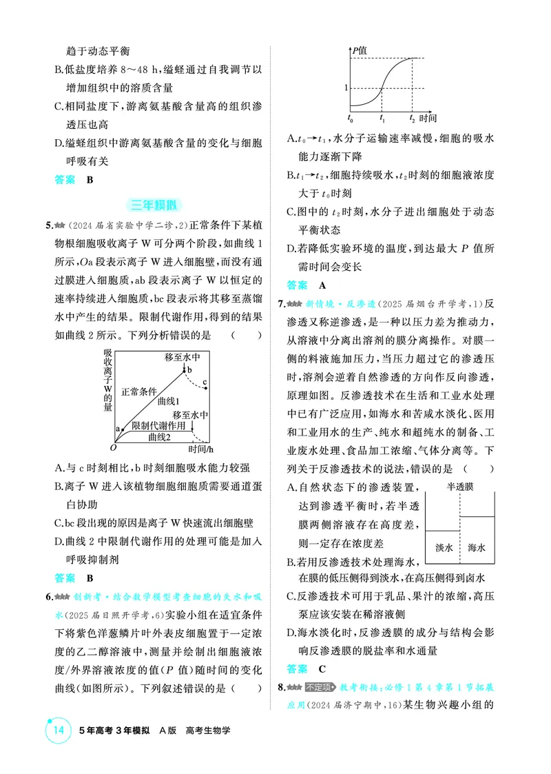 《1_精练册PDF-第4章细胞的物质输入和输出_2026版教学资源包_202653高考总复习A版_山东版_2026版.山东版.选考总复习.生物.5·3A版_第1部分分子与细胞_第4章细胞的物质输入与输出_1_精练册PDF》第2页预览