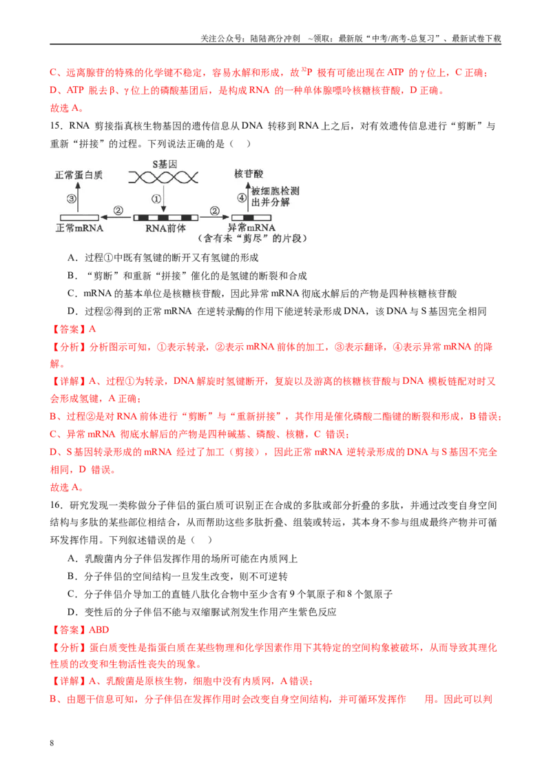 《第一单元细胞的概述及其组成分子（测试）（教师版）_06-生物-高考总复习_一轮复习_2025年_2025年新高考生物一轮复习讲义PPT知识点习题训_资料_第一单元细胞的概述及其分子组成》第8页预览