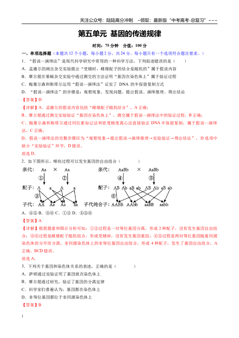 《第五单元基因的传递规律（综合训练）（湖南专用）（教师版）_06-生物-高考总复习_一轮复习_2026年-生物高考一轮复习_2026年高考生物一轮课件+讲义+练习（湖南专用）-G331》第1页预览