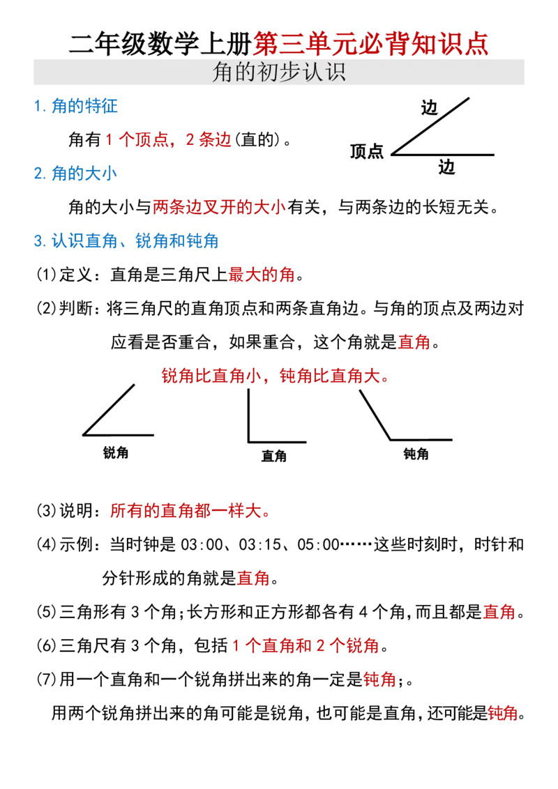 《二年级数学上册第三单元知识点总结_2年级上册同步教辅_2上-数学_二上数学-重点必背资料通用》第1页预览