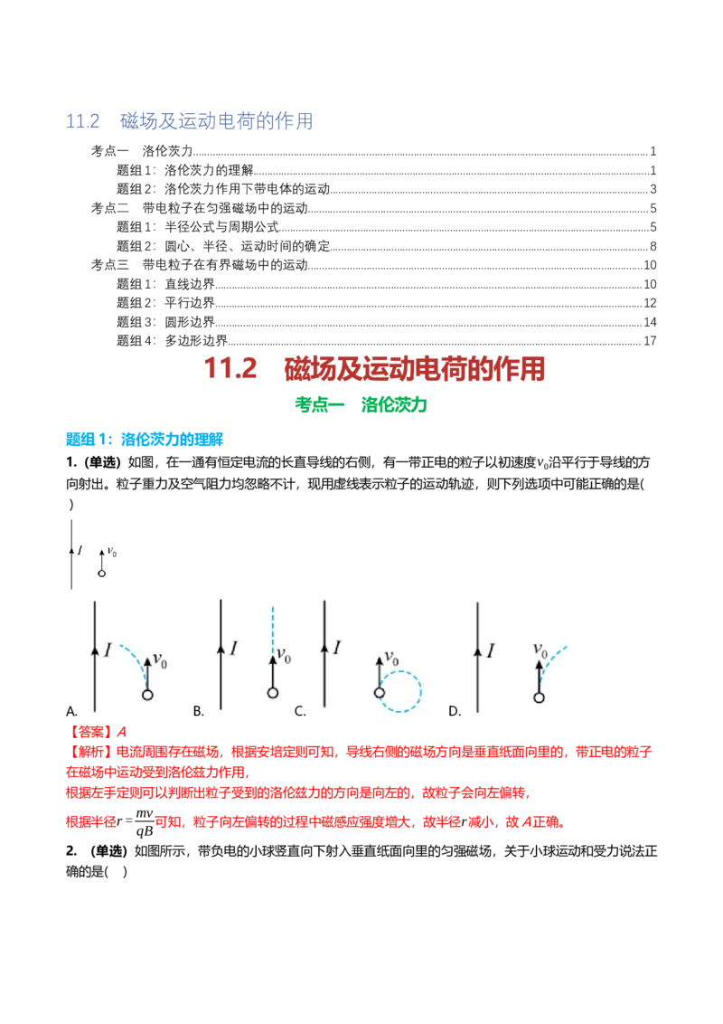 《11.2磁场及运动电荷的作用专项训练(教师版）_高考一二三轮复习_物理_2026年_2026年高三一轮物理人教版考点题组分层练-G406(1)_资料》第1页预览