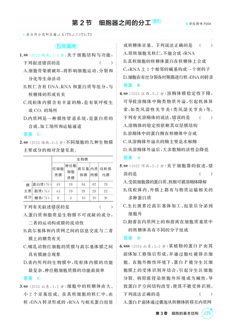 《1_精练册-第3章细胞的基本结构_2026版教学资源包_202653高考总复习A版_湖南版_2026版.湖南版.选考总复习.生物.5·3A版_第1部分分子与细胞_第3章细胞的基本结构_4_PDF教参电子书》第3页预览