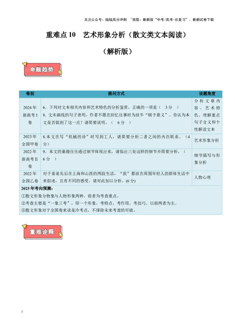 《重难点10艺术形象分析（散文类文本阅读）（解析版）_专项复习_2025年_2025年高考语文重难点讲义专练（新高考通用）》第1页预览