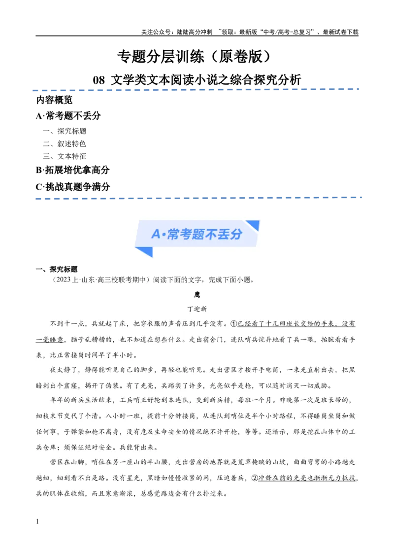 《解密08文学类文本阅读小说之综合探究分析（分层训练）（原卷版）_二轮复习_2024年_2024年高考语文二轮复习高频考点追踪与预测（新高考专用）_分层训练》第1页预览