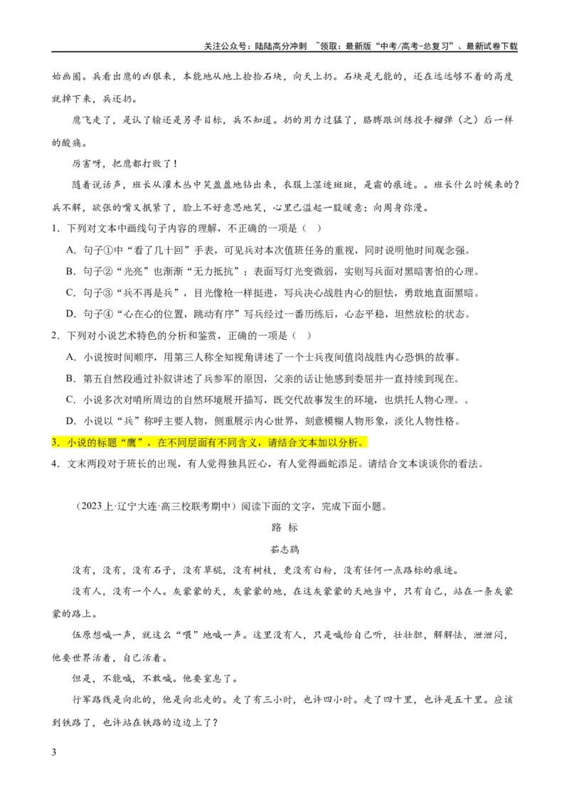 《解密08文学类文本阅读小说之综合探究分析（分层训练）（原卷版）_二轮复习_2024年_2024年高考语文二轮复习高频考点追踪与预测（新高考专用）_分层训练》第3页预览