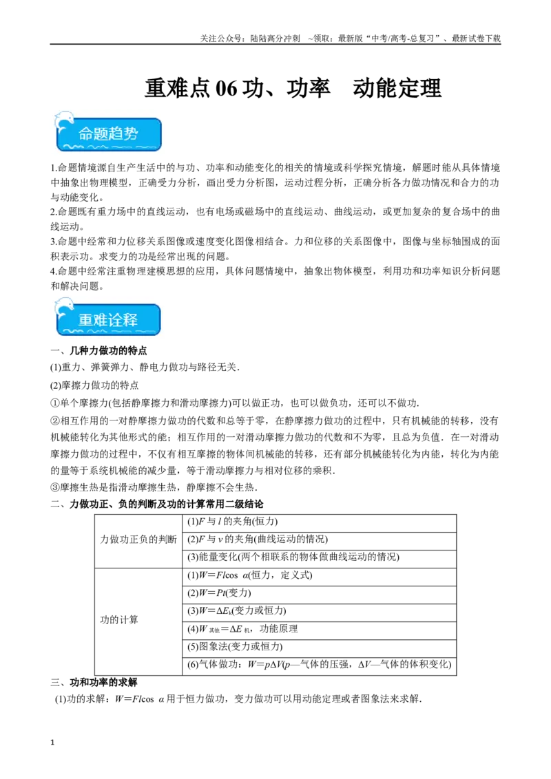 《重难点06功、功率　动能定理（教师版）_04-物理-高考总复习_专项复习_2024年_2024年高考物理热点·重点·难点专练（新高考专用）》第1页预览