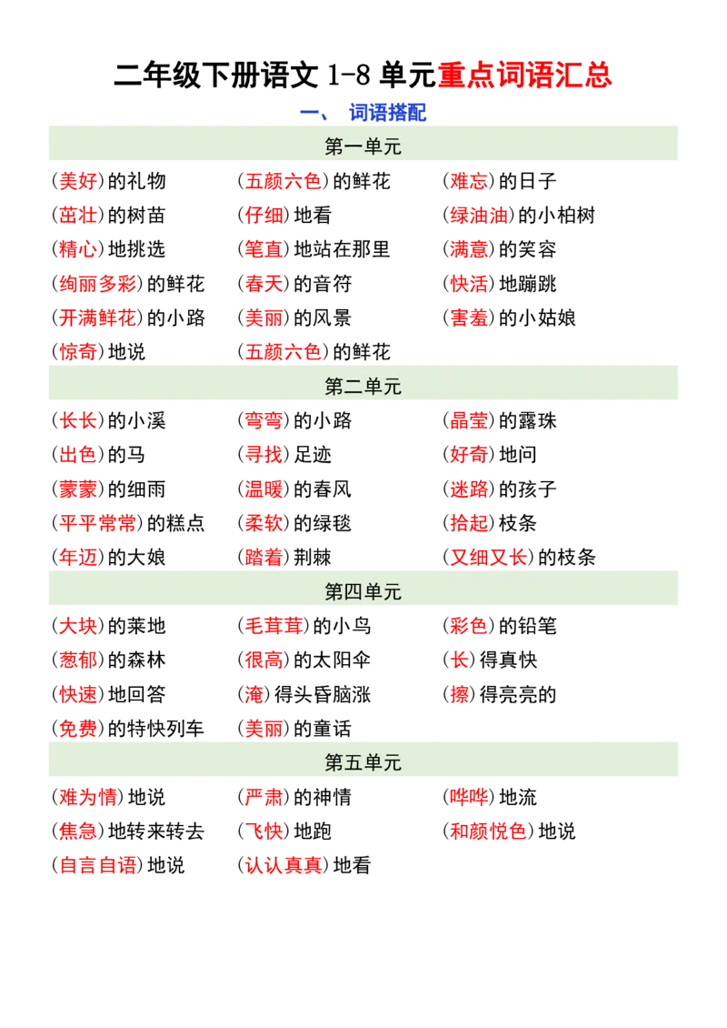 《二年级下册语文1-8单元重点词语汇总(2)_2年级下册同步教辅_2下-语文_二下语文-知识点汇总》第1页预览