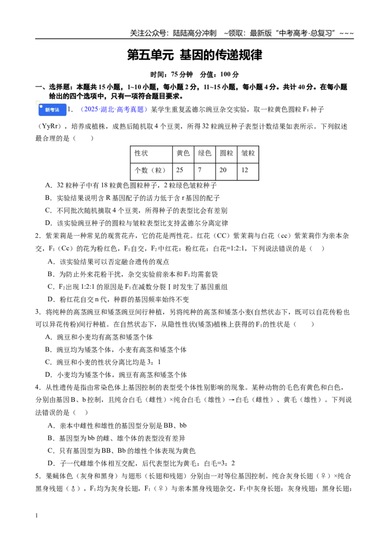《第五单元基因的传递规律（综合训练）（福建专用）（学生版）_06-生物-高考总复习_一轮复习_2026年-生物高考一轮复习_2026年高考生物一轮课件+讲义+练习（福建专用）-G328》第1页预览