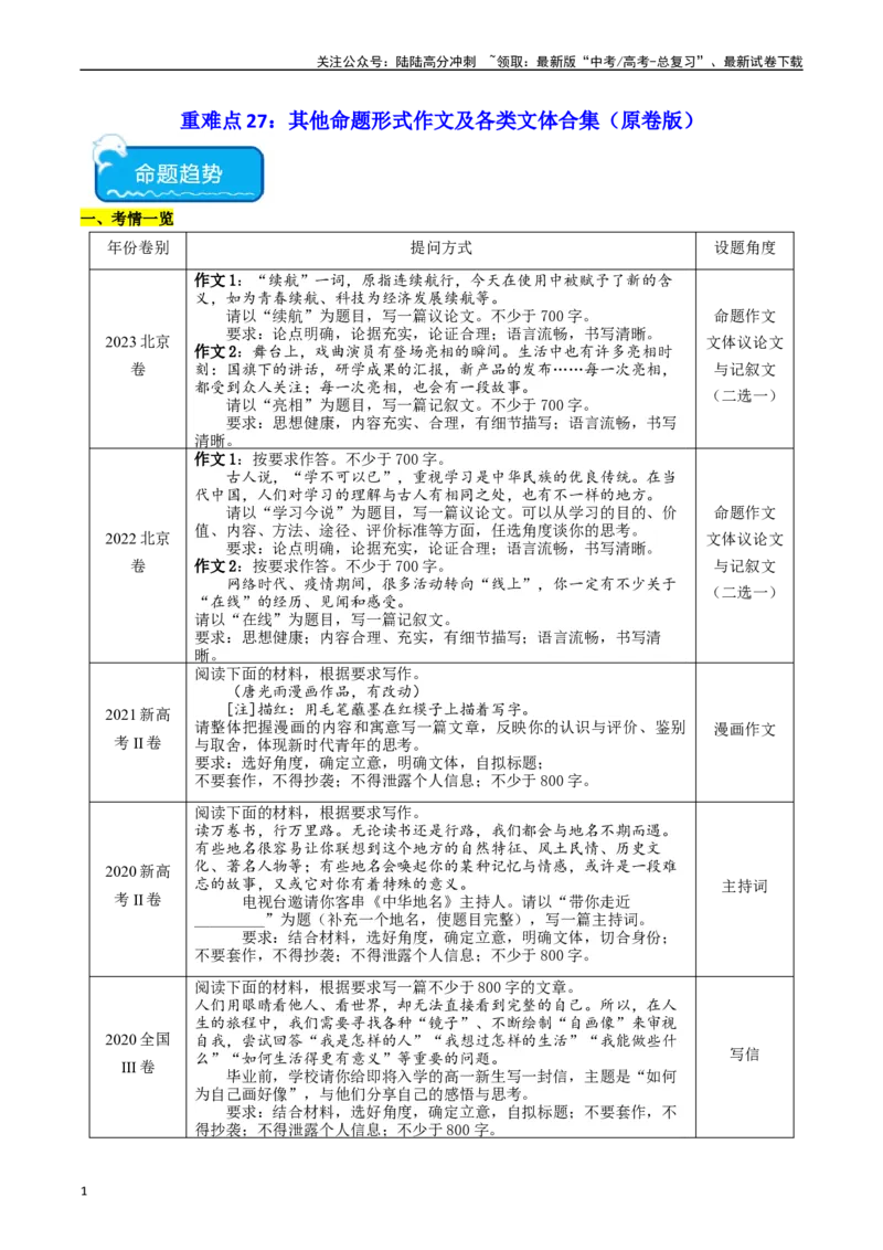 《重难点27：其他命题形式作文及各类文体合集（学生版）_专项复习_2024年_2024年高考语文热点·重点·难点专练（新高考专用》第1页预览
