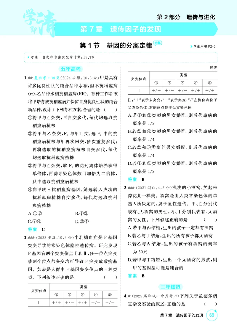 《1_精练册PDF-第7章遗传因子的发现_2026版教学资源包_202653高考总复习A版_山东版_2026版.山东版.选考总复习.生物.5·3A版_第2部分遗传与进化_第7章遗传因子的发现_1_精练册PDF》第1页预览