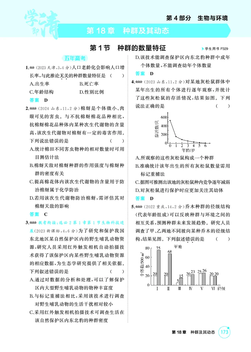 《1_精练册-第18章种群及其动态_2026版教学资源包_202653高考总复习A版_广东版_2026版.广东版.选考总复习.生物.5·3A版_第4部分生物与环境_第18章种群及其动态_4_PDF教参电子书》第1页预览