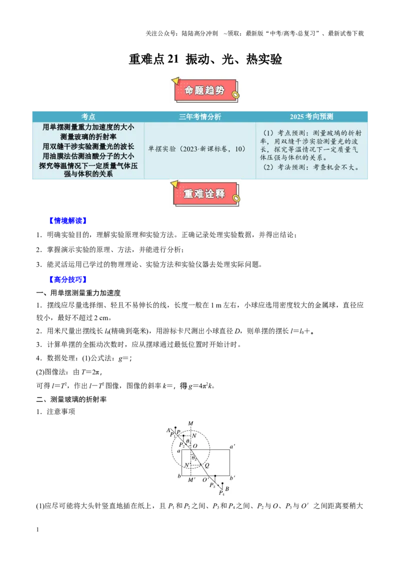 《重难点21振动、光、热实验（学生版）2025_04-物理-高考总复习_专项复习_2025年_2025年高考物理重难点讲义专练（西北四省专用）》第1页预览