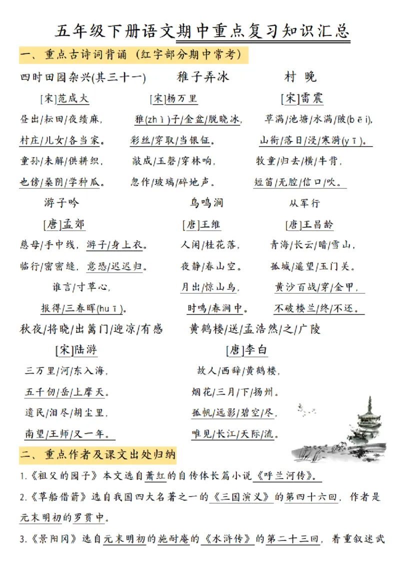 《五年级下册语文期中期末重点考点汇总_5年级下册同步教辅_5下语文_五下语文核心考点》第1页预览