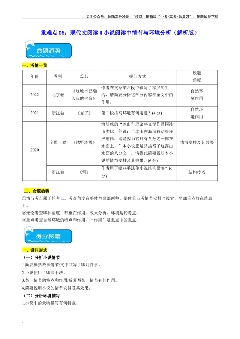 《重难点06现代文阅读II小说阅读中情节与环境分析（教师版）_专项复习_2024年_2024年高考语文热点·重点·难点专练（新高考专用》第1页预览