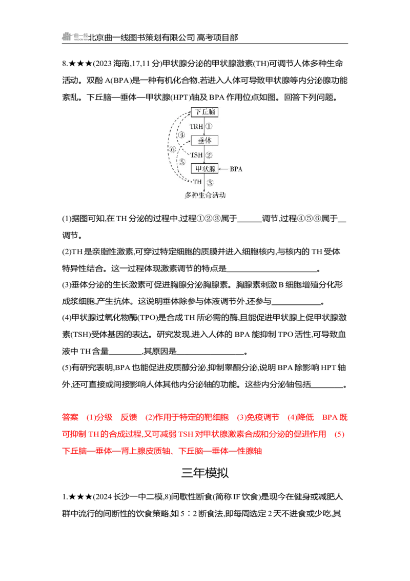 《1_精练册Word-第15章　体液调节_2026版教学资源包_202653高考总复习A版_湖南版_2026版.湖南版.选考总复习.生物.5·3A版_第3部分稳态与调节_第15章体液调节_3_习题WORD》第6页预览