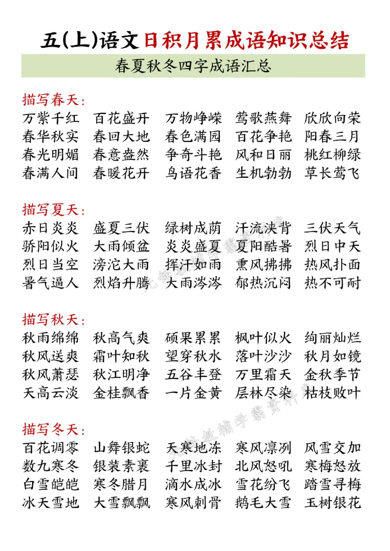 《五(上)语文日积月累春夏秋冬四字成语知识总结-SY_5年级上册同步教辅_5上语文_五上语文专项+练习》第1页预览