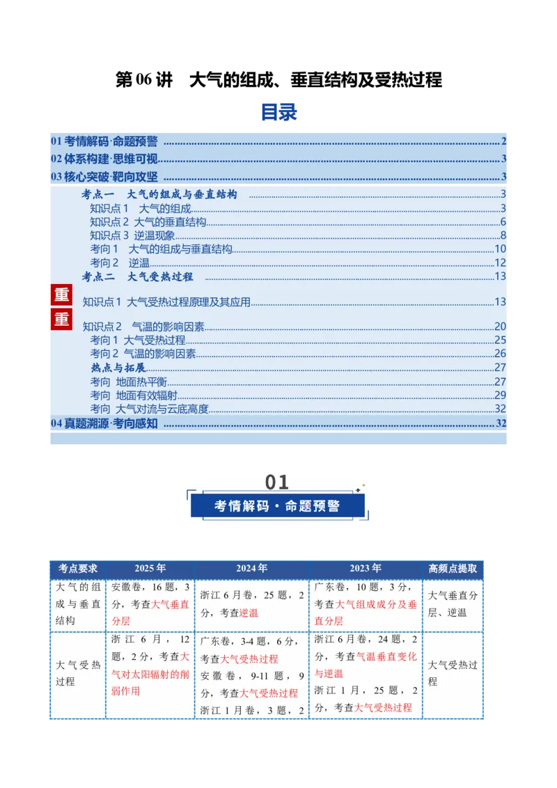 《第06讲大气的组成、垂直结构及受热过程（复习讲义）（全国通用）（教师版）_地理_2026年_2026年高考地理一轮复习讲义+练习+课件（新教材新高考）-G55_2026版_专题03地球上的大气》第1页预览