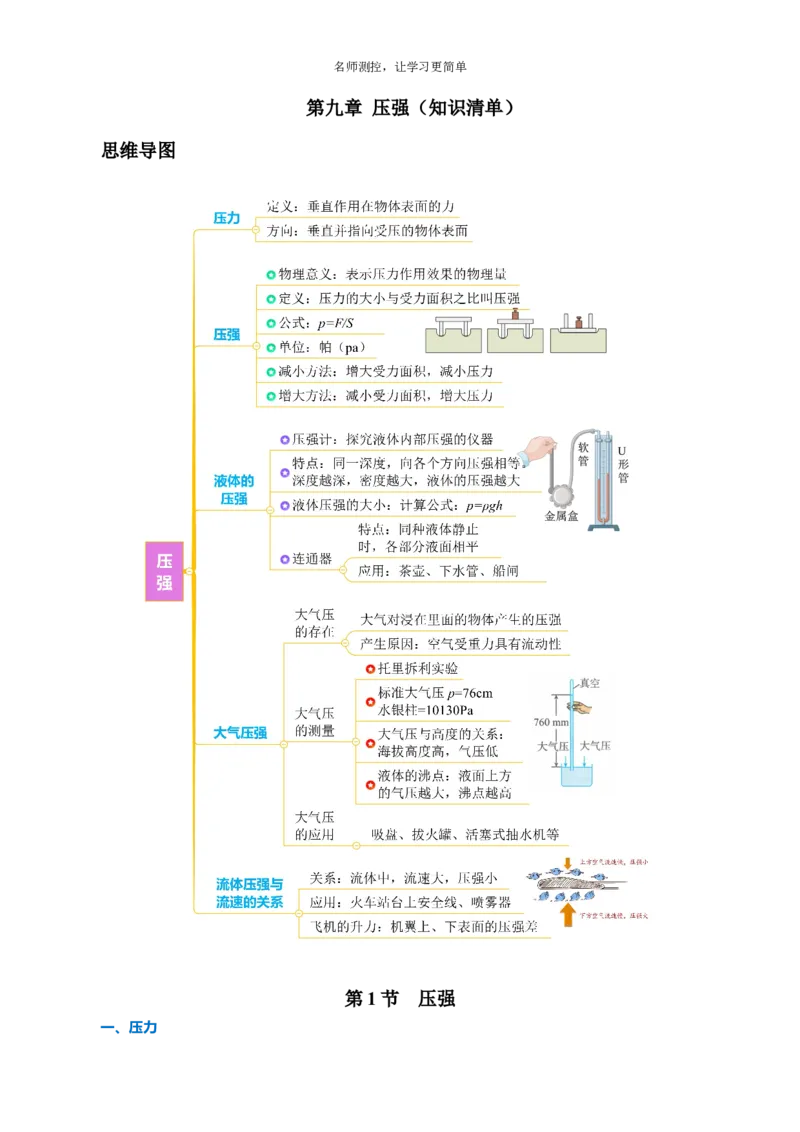 《第九章压强（知识清单）学生版_初中全科《知识梳理》打包下载_2025春《名师总结知识点》下册_物理》第1页预览
