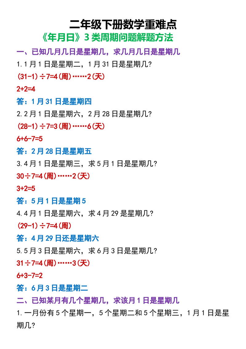 《二年级下册重难点《年月日》3类周期问题解题方法_2年级下册同步教辅_2下-数学_二下数学-奥数+思维+应用题》第1页预览