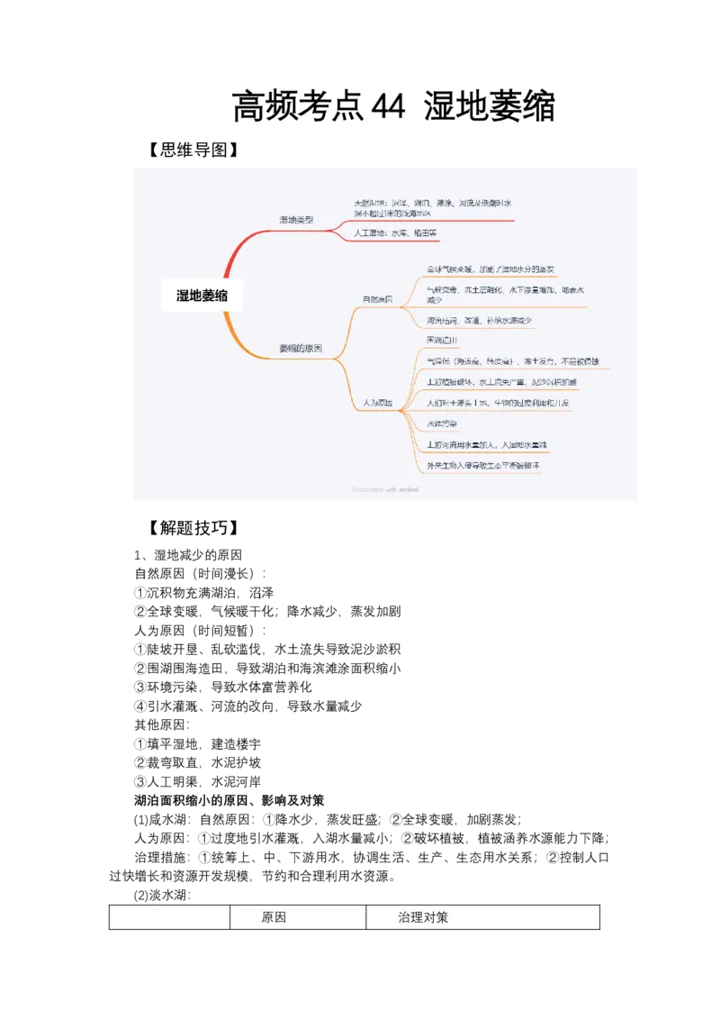 《高频考点44湿地萎缩_地理_2026年-地理高考专项复习_42026年高考地理高频考点专项突破思维导图+解题技巧+专项突破》第1页预览