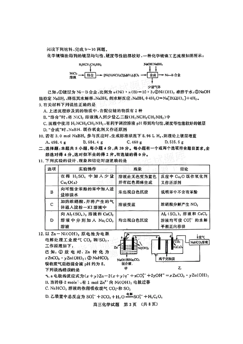 《41_05化学山东济南市（二模）试卷+标答评分细则_2025版教学资源包_（总复习系列）2025版《5年高考3年模拟》新高考版B版（⭐全科）_2025版.新高考新教材版.选考总复习.化学.5·3B版》第3页预览