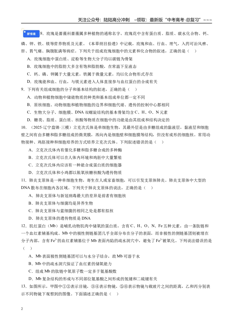 《第一单元细胞的概述及其组成分子（综合训练）（福建专用）（学生版）_06-生物-高考总复习_一轮复习_2026年-生物高考一轮复习_2026年高考生物一轮课件+讲义+练习（福建专用）-G328》第2页预览
