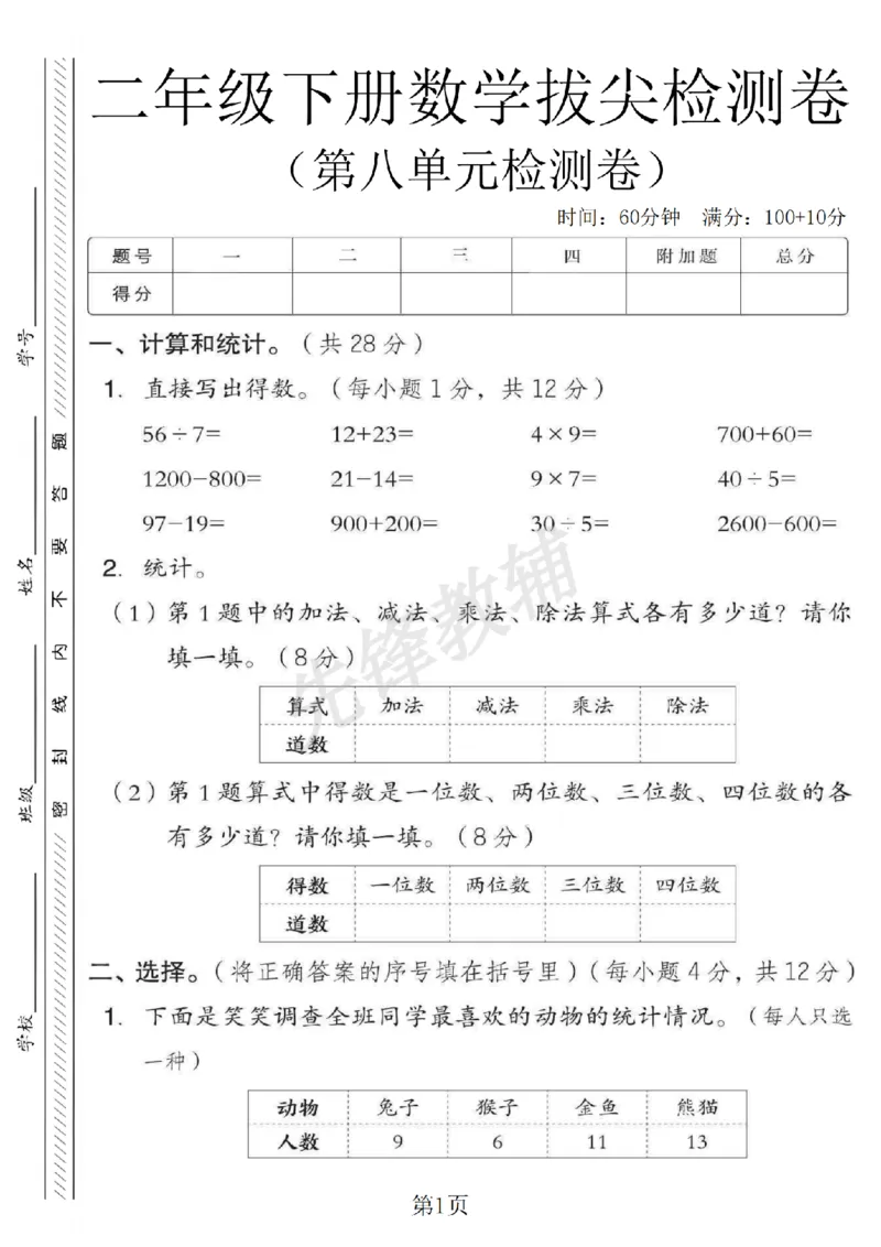 《二年级（下）数学第八单元拔尖测试卷.1《苏教版》_2年级下册同步教辅_2下-数学_二下数学-单元+期中+期末试卷_二下数学苏教版试卷_二下数学《苏教版》单元测试卷》第1页预览