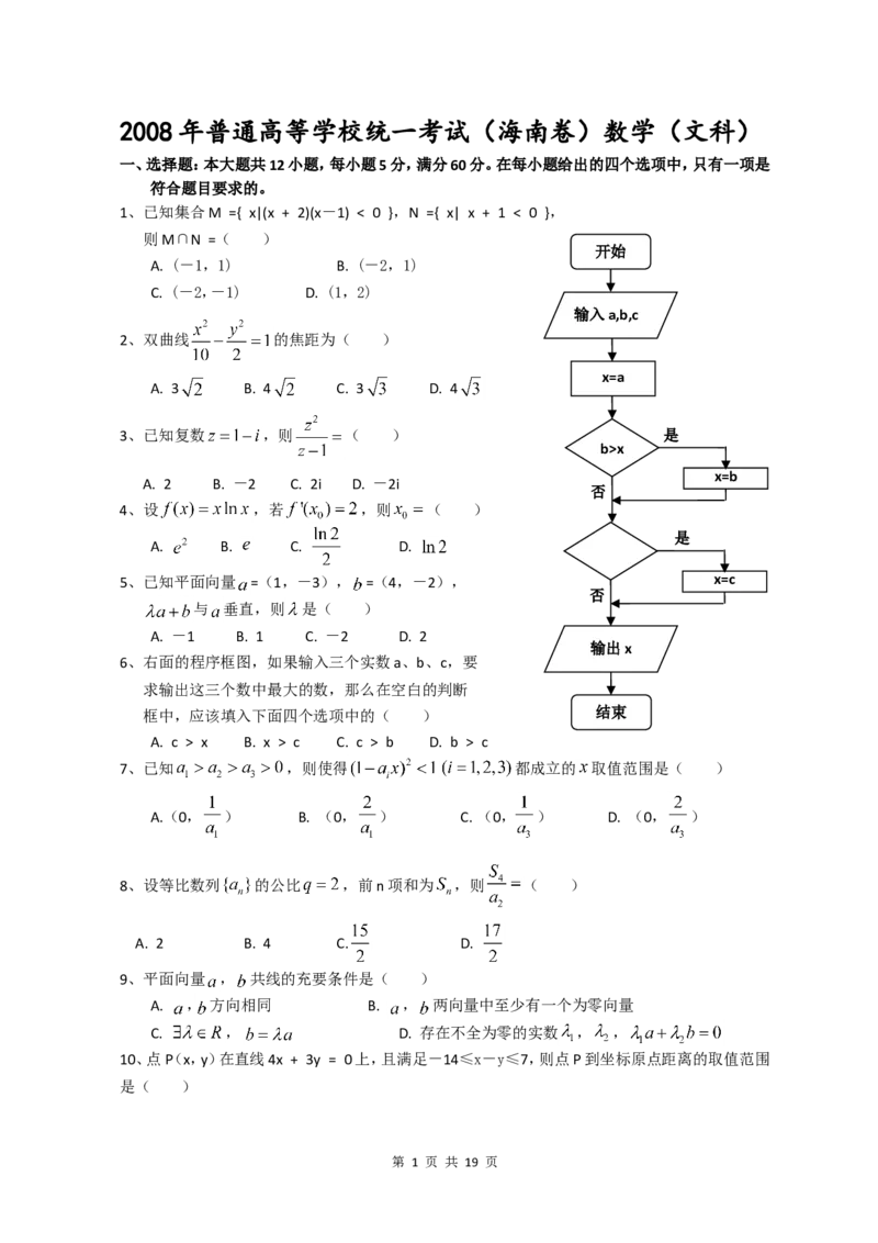 《2008年海南省高考文科数学试题及答案_高考一二三轮复习_数学_2027年高考数学专项复习更新中_2008年-2026年数学高考真题-G427_2008-2020年高考_2008-2020年_地方卷_地方卷高考文科数学》第1页预览