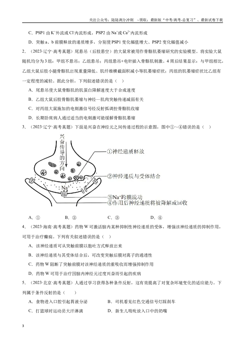 《第8天神经调节（原卷版）_06-生物-高考总复习_专项复习_2024年_2024年高考生物考前15天夺分必备_资料》第3页预览