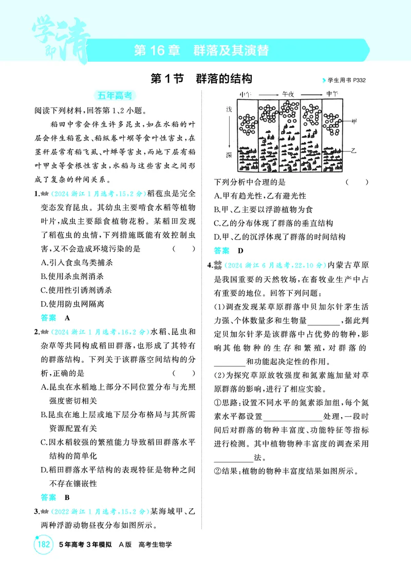 《1_精练册-第16章群落及其演替_2026版教学资源包_202653高考总复习A版_浙江版_2026版.浙江版.选考总复习.生物.5·3A版_第4部分生物与环境_第16章群落及其演替_1_精练册PDF》第1页预览