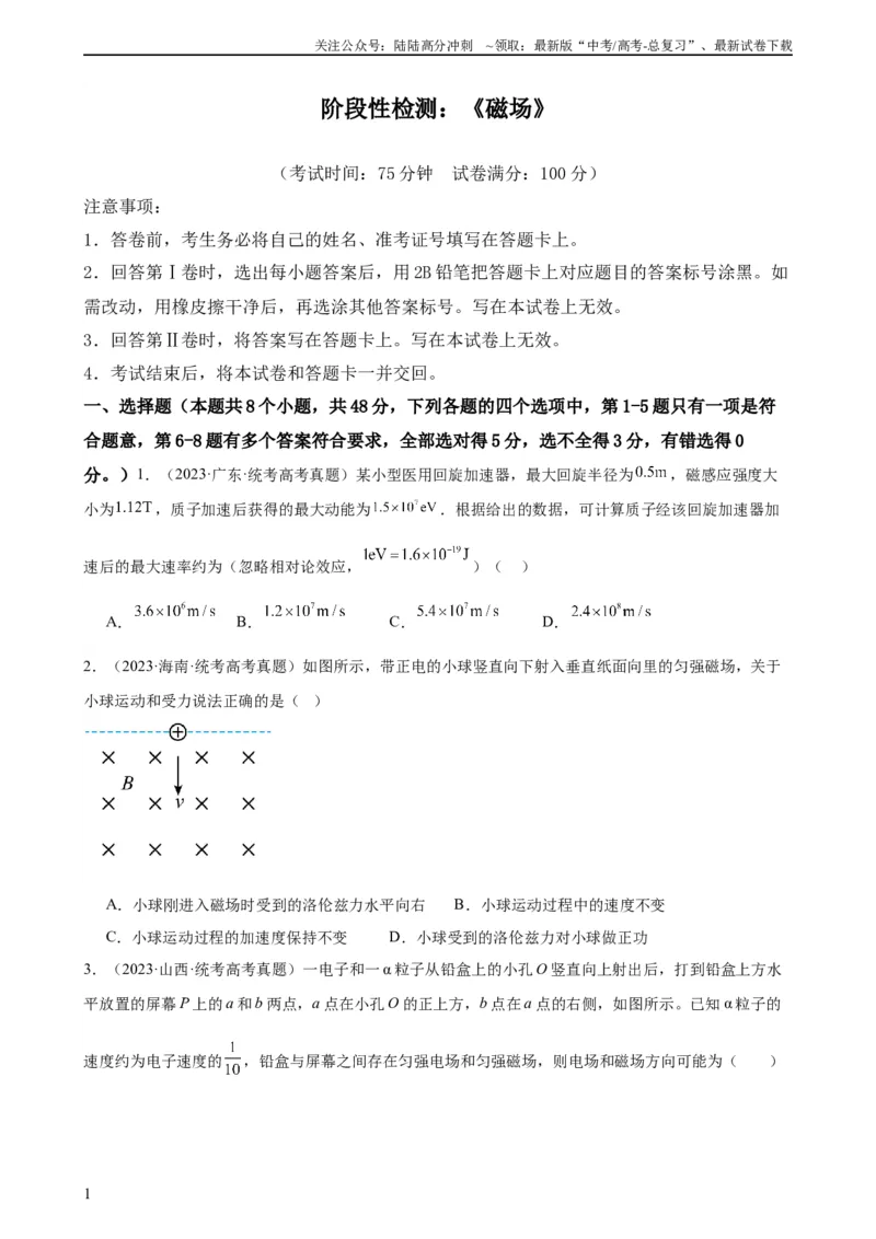 《阶段性检测《磁场》（原卷版）_04-物理-高考总复习_一轮复习_2024年_2024年高考物理一轮复习考点通关卷（新高考通用）_阶段性检测_电磁部分》第1页预览