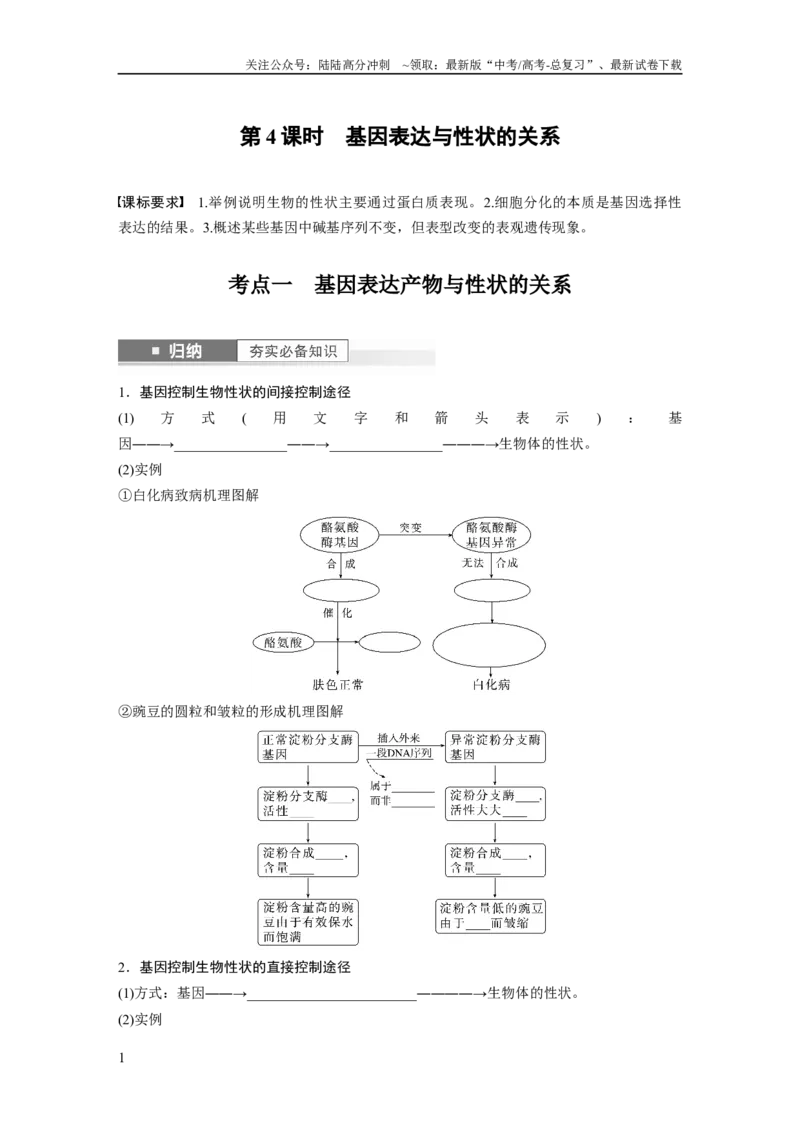 《第6单元　第4课时　基因表达与性状的关系_06-生物-高考总复习_一轮复习_2024年_2024高考生物大一轮复习课件讲义新人教版知识总结_2024年高考生物一轮复习讲义（新人教版）_大一轮复习讲义》第1页预览