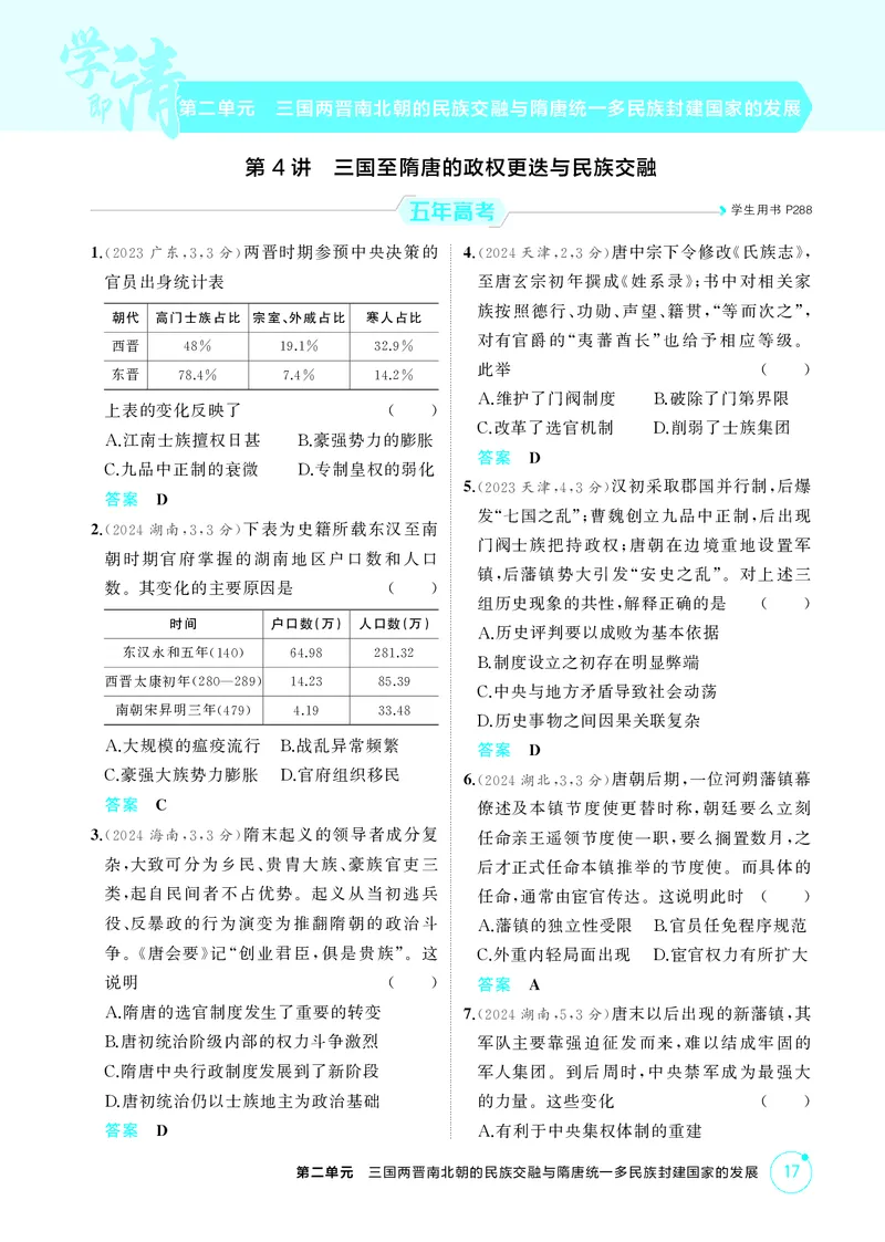 《1_精练册-第二单元　三国两晋南北朝的民族交融与隋唐统一多民族封建国家的发展_2026版教学资源包_202653高考总复习A版_山东版_2026版.山东版.选考总复习.历史.5·3A版_二、教师用书PDF》第1页预览
