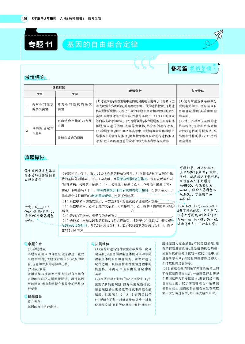 《专题11　基因的自由组合定律_2022版教学资源包_五年高考三年模拟_2022版新高考版选考总复习生物5·3A版_0125143739_专题11基因的自由组合定律_专题PDF_专题PDF_专题电子书》第1页预览