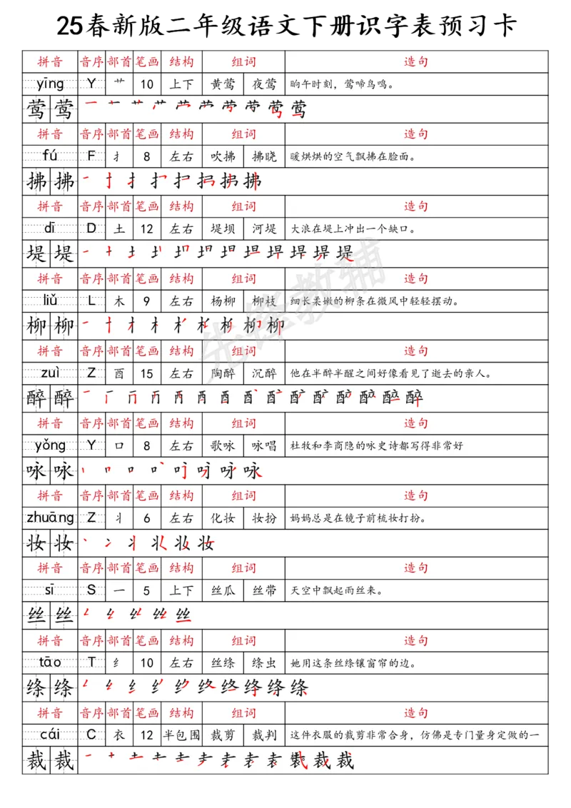 《二年级（下）语文识字表预习卡_2年级下册同步教辅_2下-语文_二下语文-预习资料》第1页预览
