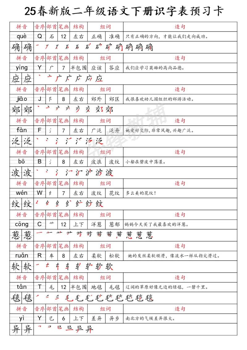 《二年级（下）语文识字表预习卡_2年级下册同步教辅_2下-语文_二下语文-预习资料》第10页预览