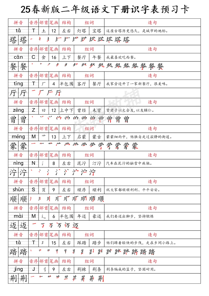 《二年级（下）语文识字表预习卡_2年级下册同步教辅_2下-语文_二下语文-预习资料》第7页预览