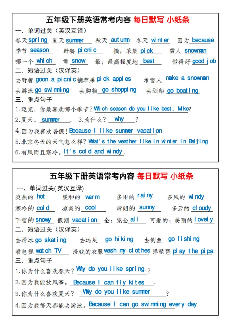 《五年级下册英语常考内容每日默写小纸条_5年级下册同步教辅_5下英语_五下英语各版本知识点》第2页预览