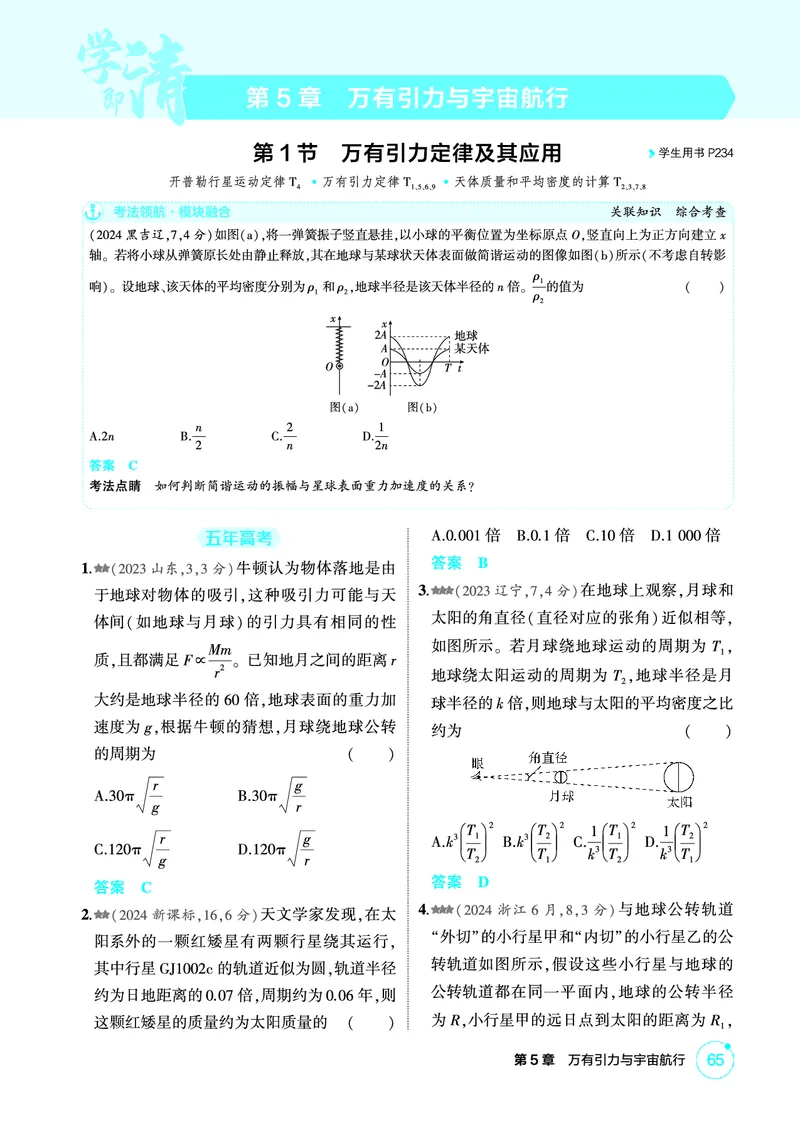 《1_精练册PDF05-第5章万有引力与宇宙航行_2026版教学资源包_202653高考总复习A版_新高考_物理_教师A版2026年.新高考版.物理.53_二、教师用书PDF_第5章万有引力与宇宙航行_1_精练册PDF》第1页预览