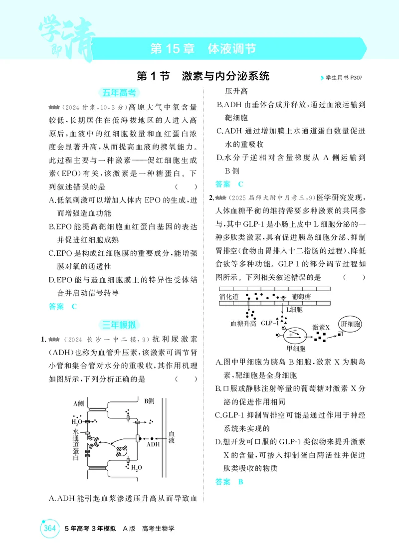 《1_精练册-第15章体液调节_2026版教学资源包_202653高考总复习A版_湖南版_2026版.湖南版.选考总复习.生物.5·3A版_第3部分稳态与调节_第15章体液调节_4_PDF教参电子书》第1页预览
