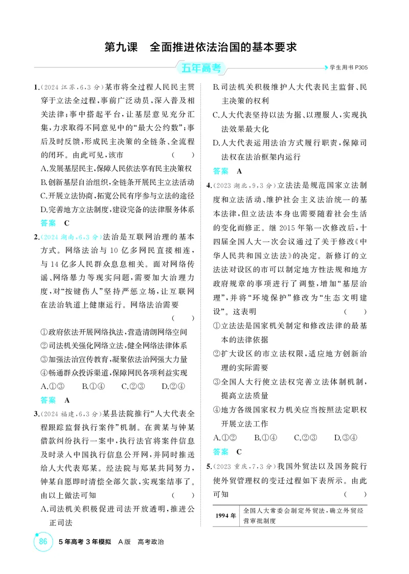 《1_精练册-第九课　全面推进依法治国的基本要求_2026版教学资源包_202653高考总复习A版_湖南版_2026版.湖南版.选考总复习.政治.5·3A版_一、图书电子教参_必修3政治与法治_1_精练册PDF》第1页预览