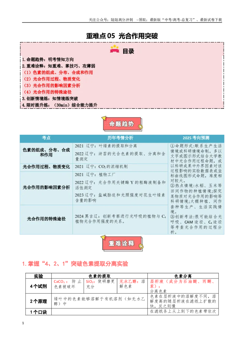 《重难点05光合作用突破（解析版）_06-生物-高考总复习_专项复习_2025年_2025年高考生物重难点讲义专练（黑吉辽蒙专用）》第1页预览