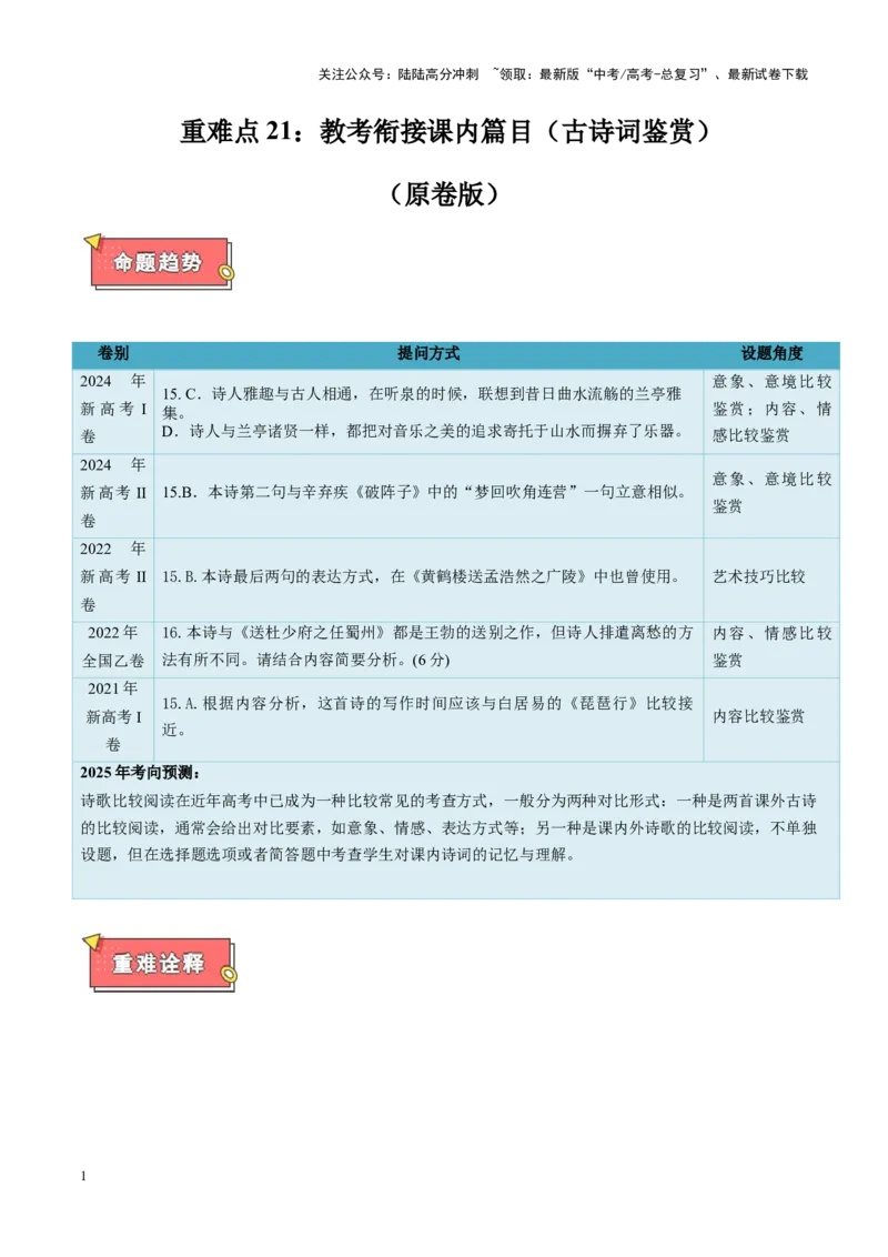 《重难点21：教考衔接课内篇目（古诗词鉴赏）（原卷版）_专项复习_2025年_2025年高考语文重难点讲义专练（新高考通用）》第1页预览