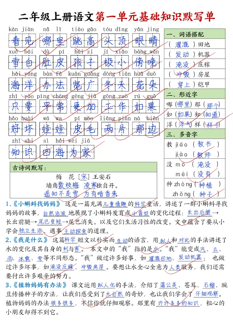 《二年级上册语文基础知识默写单_01答案_00-1_00_2年级上册同步教辅_2上-语文_二上语文-词语.默写》第1页预览