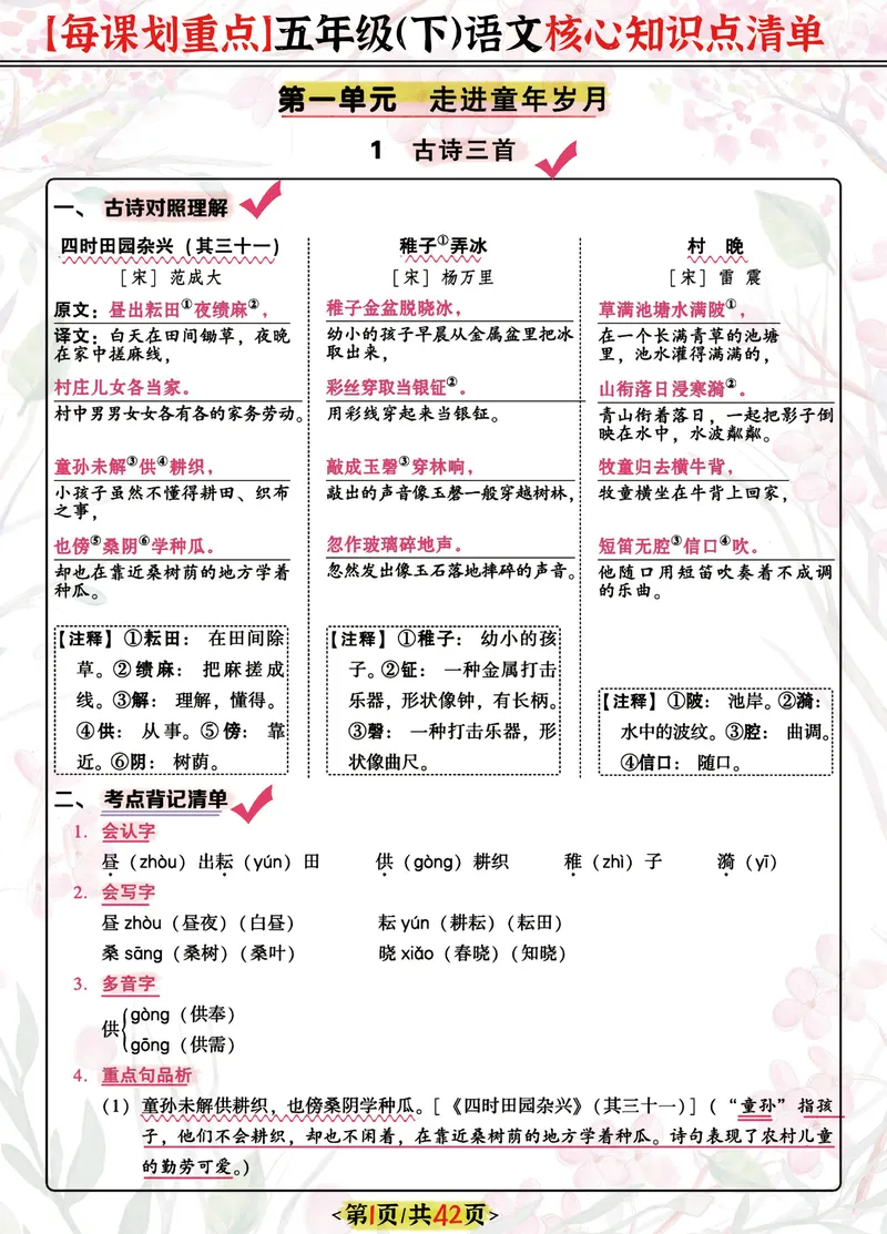 《五下每课核心划重点清单：42页囊括所有的考点_5年级下册同步教辅_5下语文_五下语文重点必背资料》第1页预览