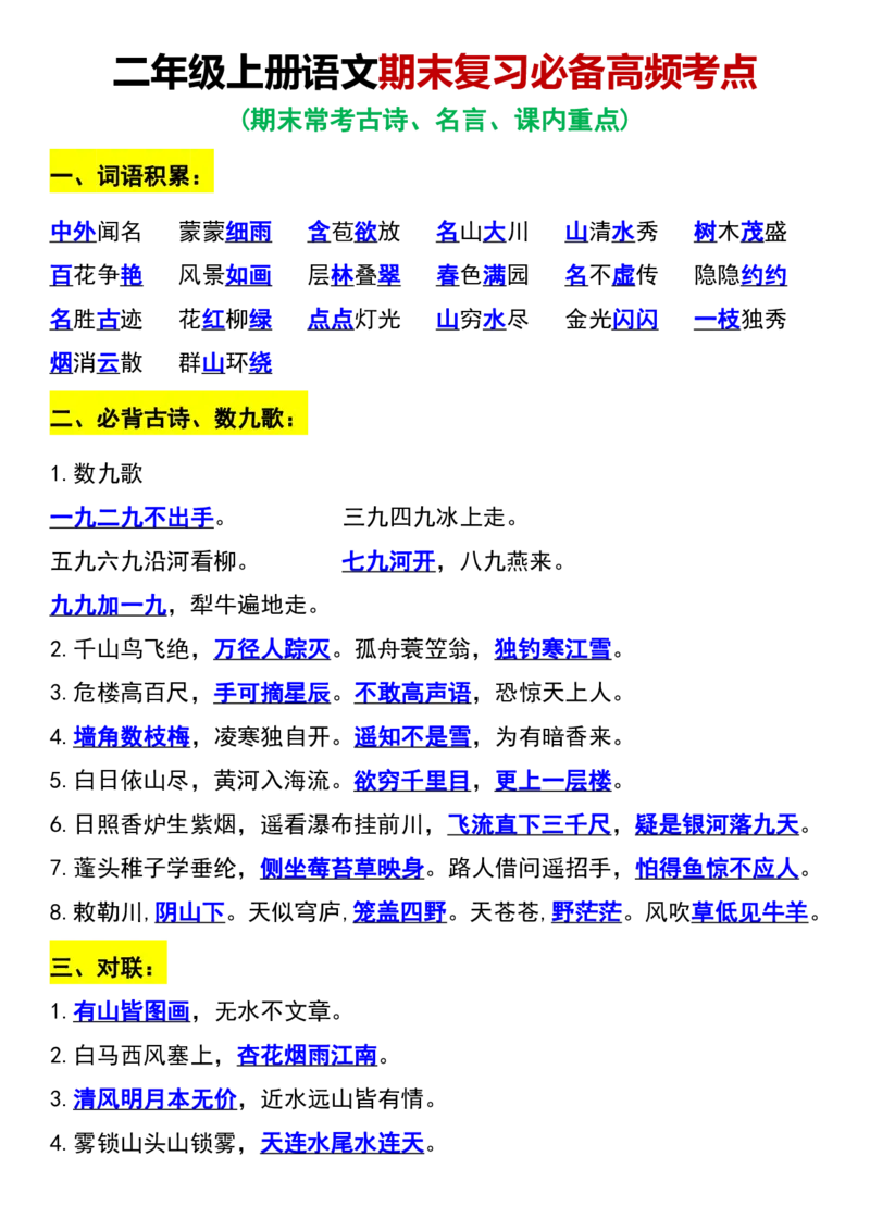 《二年级上册语文期末复习必备高频考点_2年级上册同步教辅_2上-语文_二上语文-期中+期末复习》第1页预览