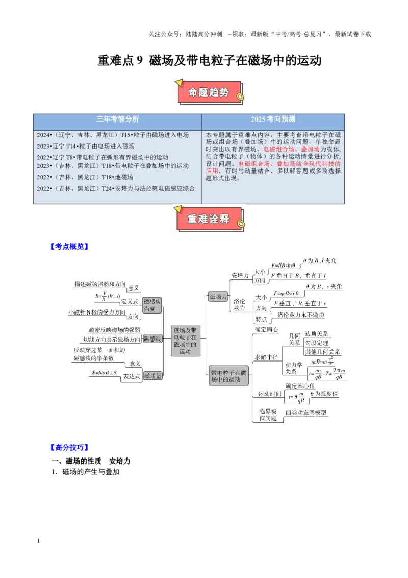 《重难点09磁场及带电粒子在磁场中的运动（解析版）_04-物理-高考总复习_专项复习_2025年_2025年高考物理重难点讲义专练（黑吉辽专用）》第1页预览