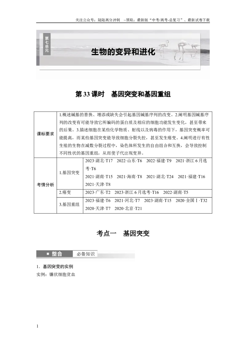《第七单元　第33课时　基因突变和基因重组_06-生物-高考总复习_一轮复习_2025年_2025年大一轮复习讲义人教版生物_资料_1-资料_大一轮复习讲义学生专用_2025大一轮复习讲义》第1页预览